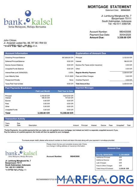 Realistic Indonesia Bank Kalsel mortgage statement Word and PDF template